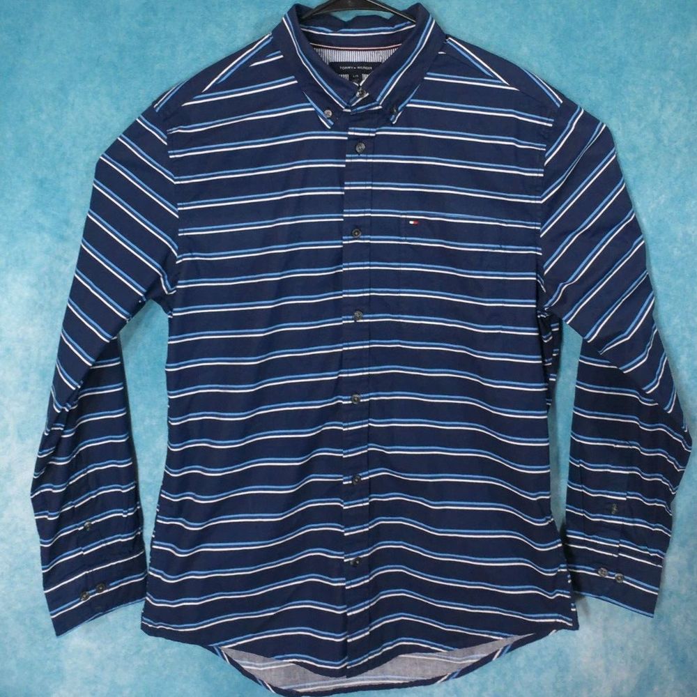 Tommy Hilfiger Long Sleeve Button Down Striped Men's Shirt, Blue, Size Large